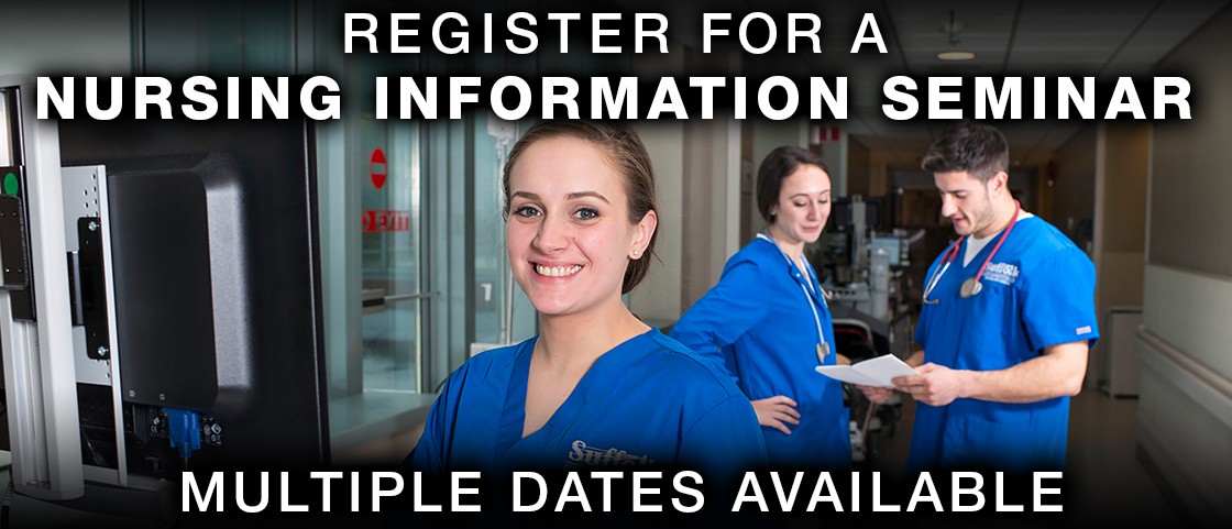 Photo of Nurses with text "Register for a Nursing Information Seminar"